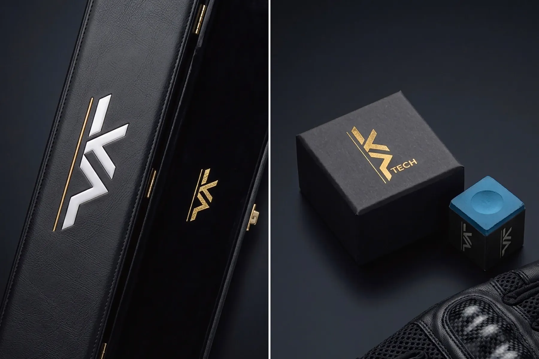 品牌識別應用，球桿桶內裡與皮頭盒燙金燙銀 logo 展示